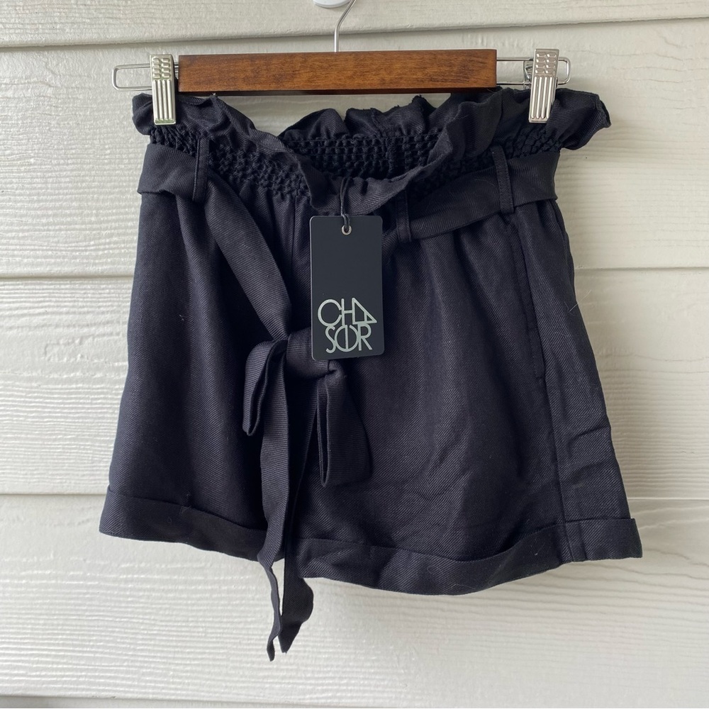 CHASER Black Paperbag Bow Tie Linen Blend Shorts - Picture 2 of 5
